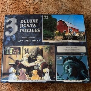 3 Deluxe Jigsaw Puzzles Box - Multi-Image Set (Blue, Black, Brown)